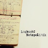 Logo: Links ein Notizblock mit krakeliger Schrift, daneben steht "Logbuchh: Netzpolitik" in verschmierter Schreibmaschinenschrift