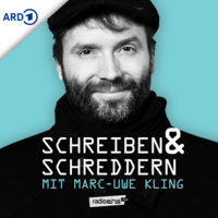 Logo: Portrait von Mark-Uwe Kling in schwarz-weiß vor türkis-blauem Hintergrund. Davor der Titel und die Logos von ARD und Radioeins