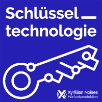 Logo: Weiß auf blauem Hintergrund, Titel, darunter stilisierter Schlüssel, sowie Schrift "Xyrilian Noises - Hörfunkproduktion"